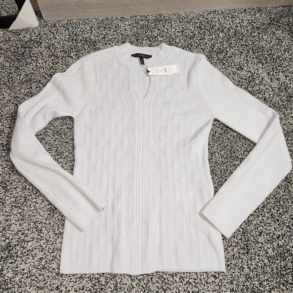 White House Black Market Sweater Womens L Silver Metallic Keyhole Front Sexy Nwt